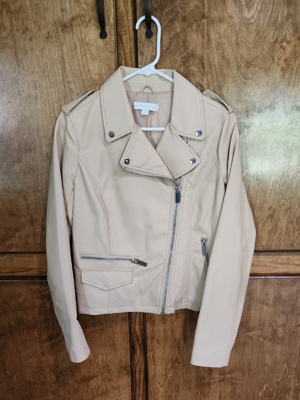 New York & Company Light Beige Faux Leather Moto Jacket